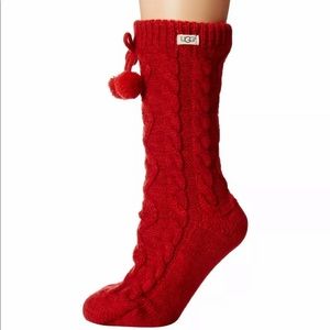 Women UGG Pom-Pom Fleece-Lined Socks Red